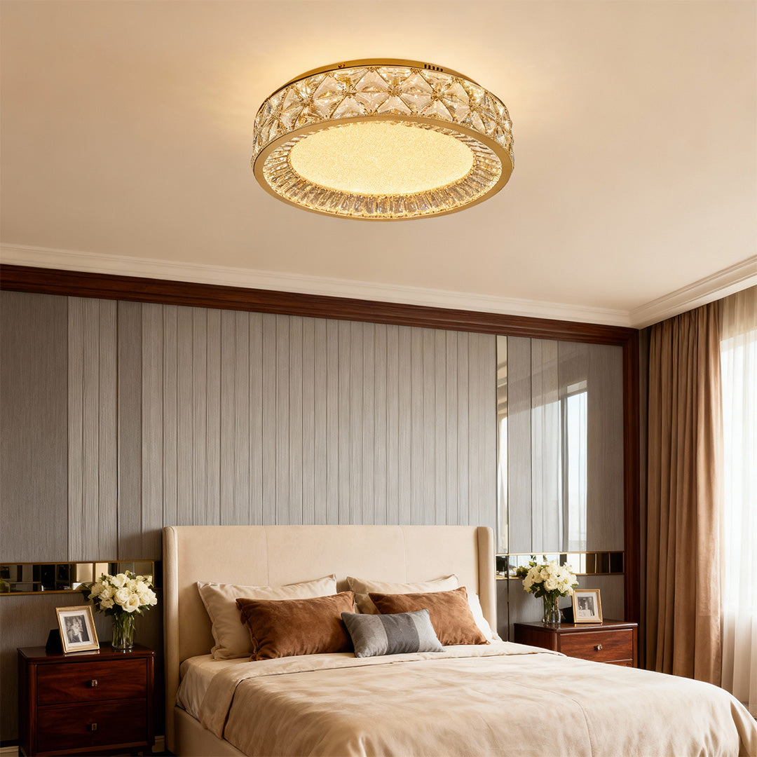 Crystal Flush-Mount Ceiling Light — Champagne Gold Carbon Steel, LED, Three-Color Dimming, 15.8"–23.6"