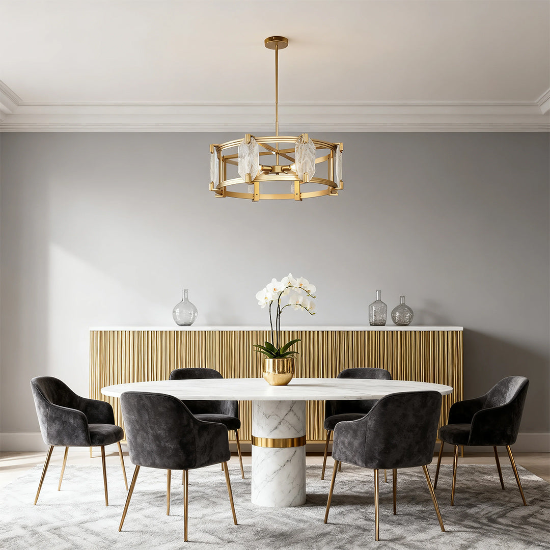 Round Glass Chandelier — Full Copper Body, 4-Light, 29.9" Diameter, Adjustable Height