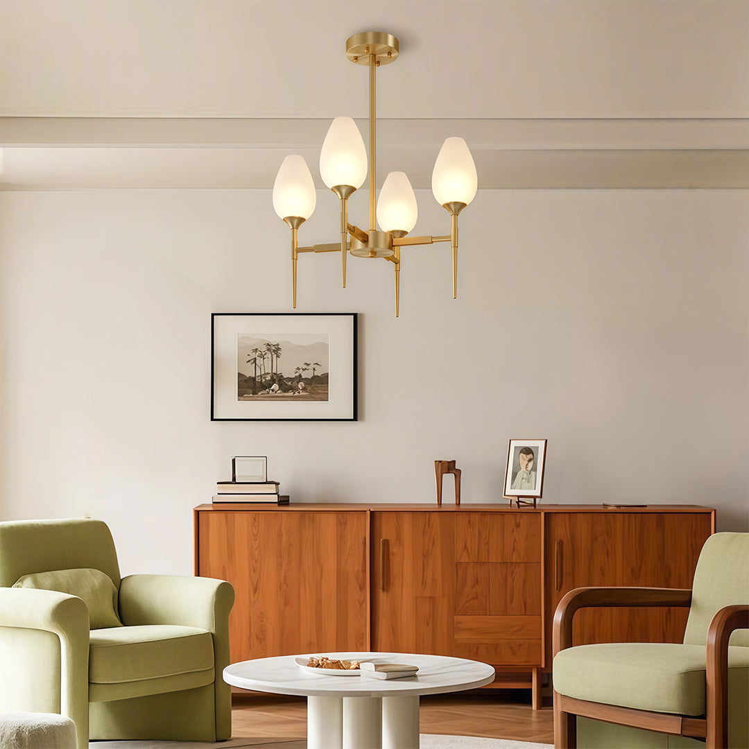 Minimalist Glass Chandelier — Brass Frame, Transparent Glass Shades, G9, 4-, 6-, or 8-Light