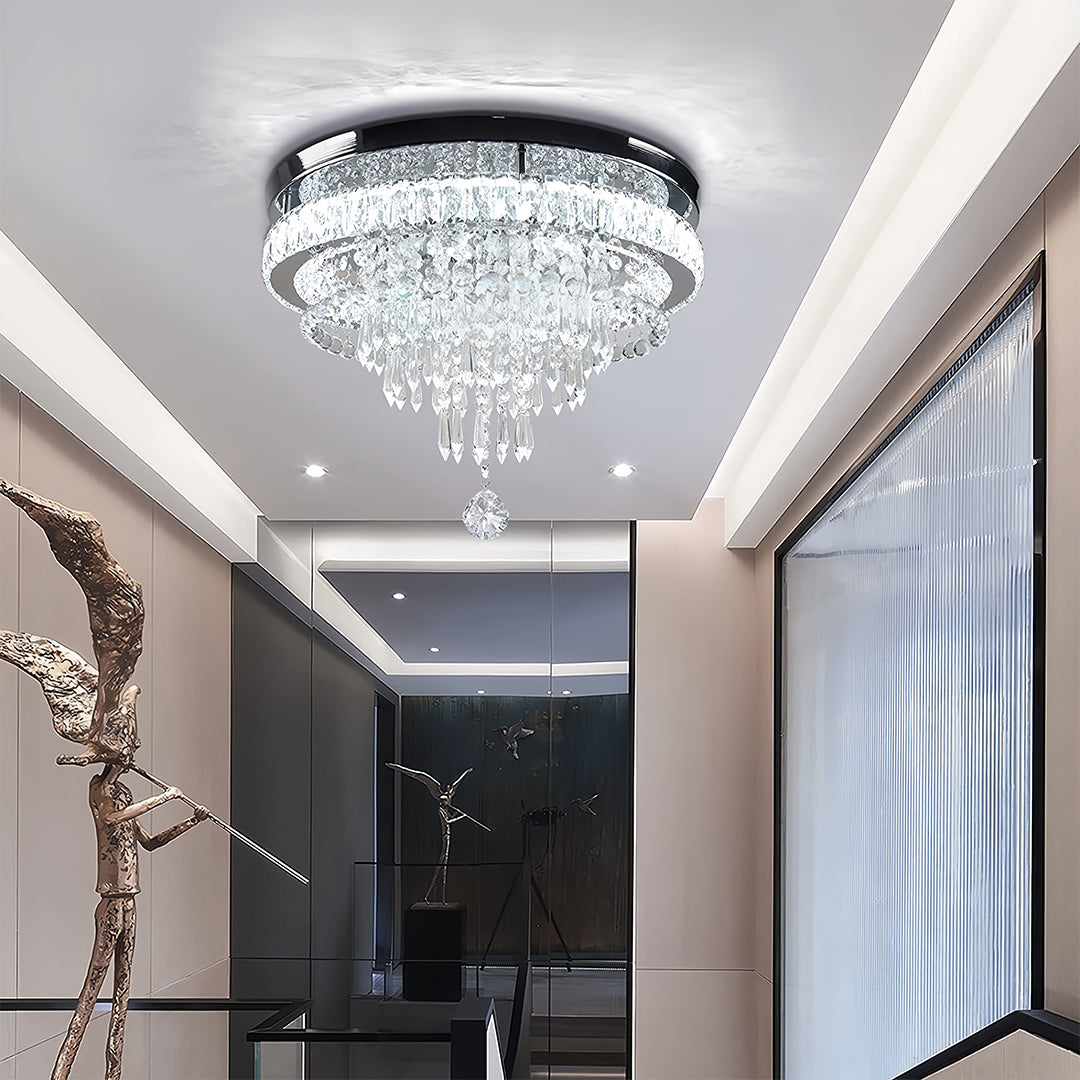 Round Crystal Flush-Mount Chandelier — Gold Stainless Steel, 55W LED, Four-Mode Dimming, 19.69"