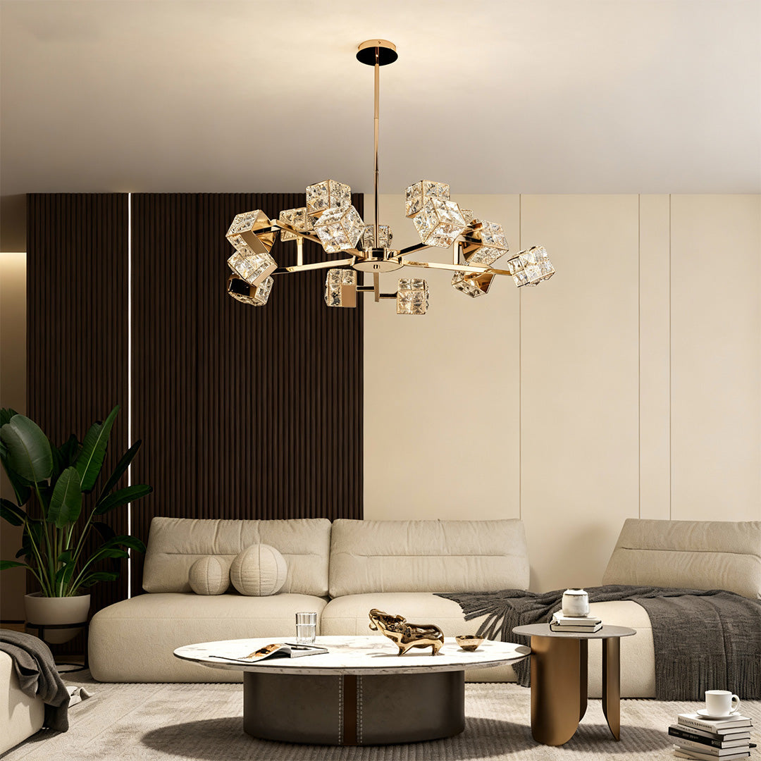Cube Crystal Chandelier — Gold, LED, 3-Step Dimming, 6 to 15-Light Configurations