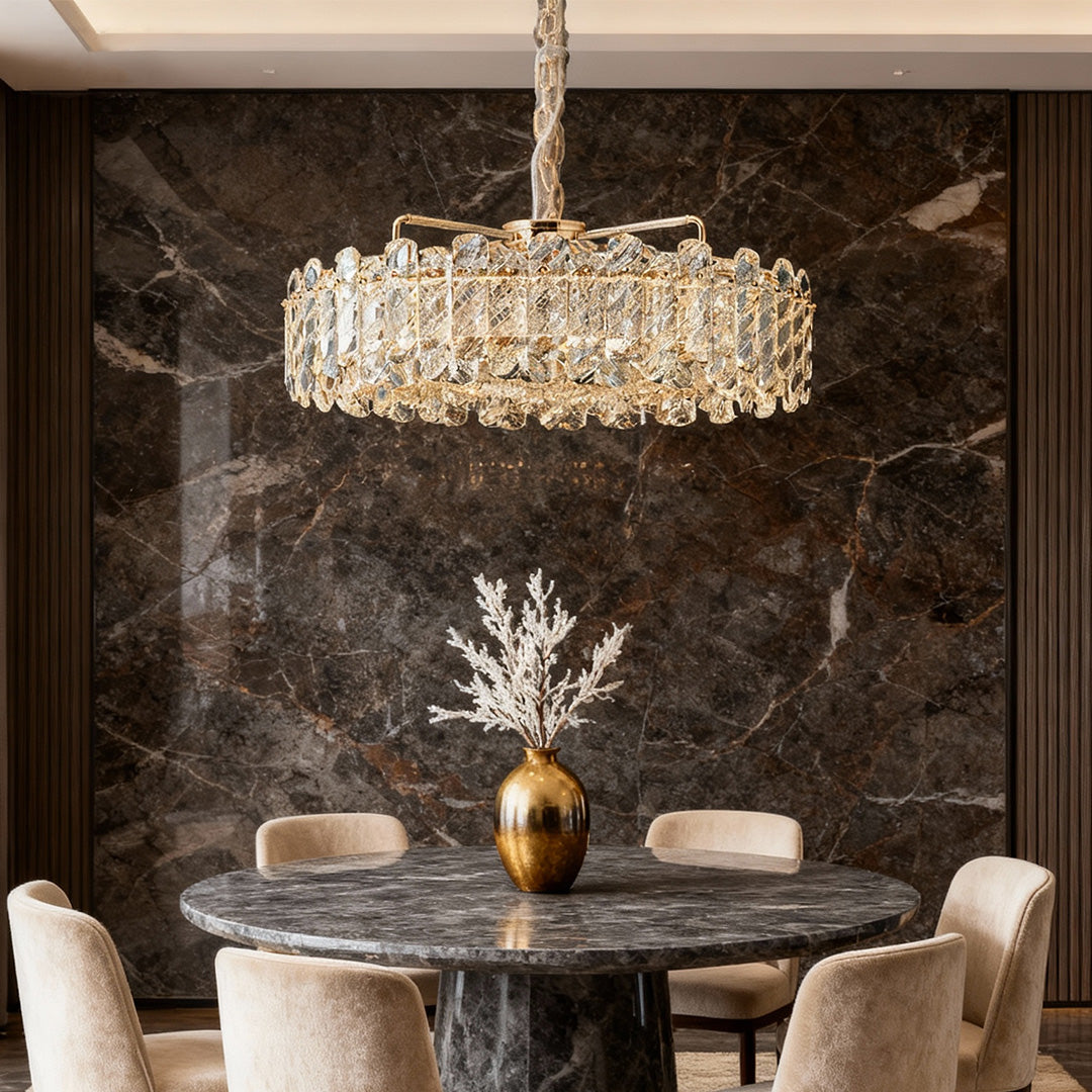 Crystal Chandelier — Champagne Gold Carbon Steel, LED, Dual-Color Dimming, Six Configurations, Adjustable 31.5" Cord