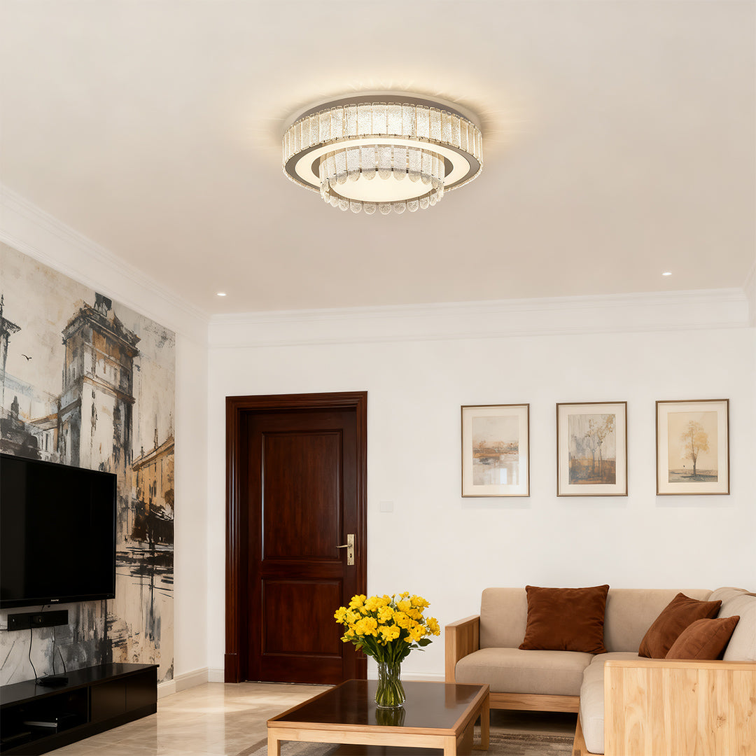Modern Crystal Flush-Mount Light — Stainless Steel, Round/Square/Rectangle, 3-Step Dimming, LED