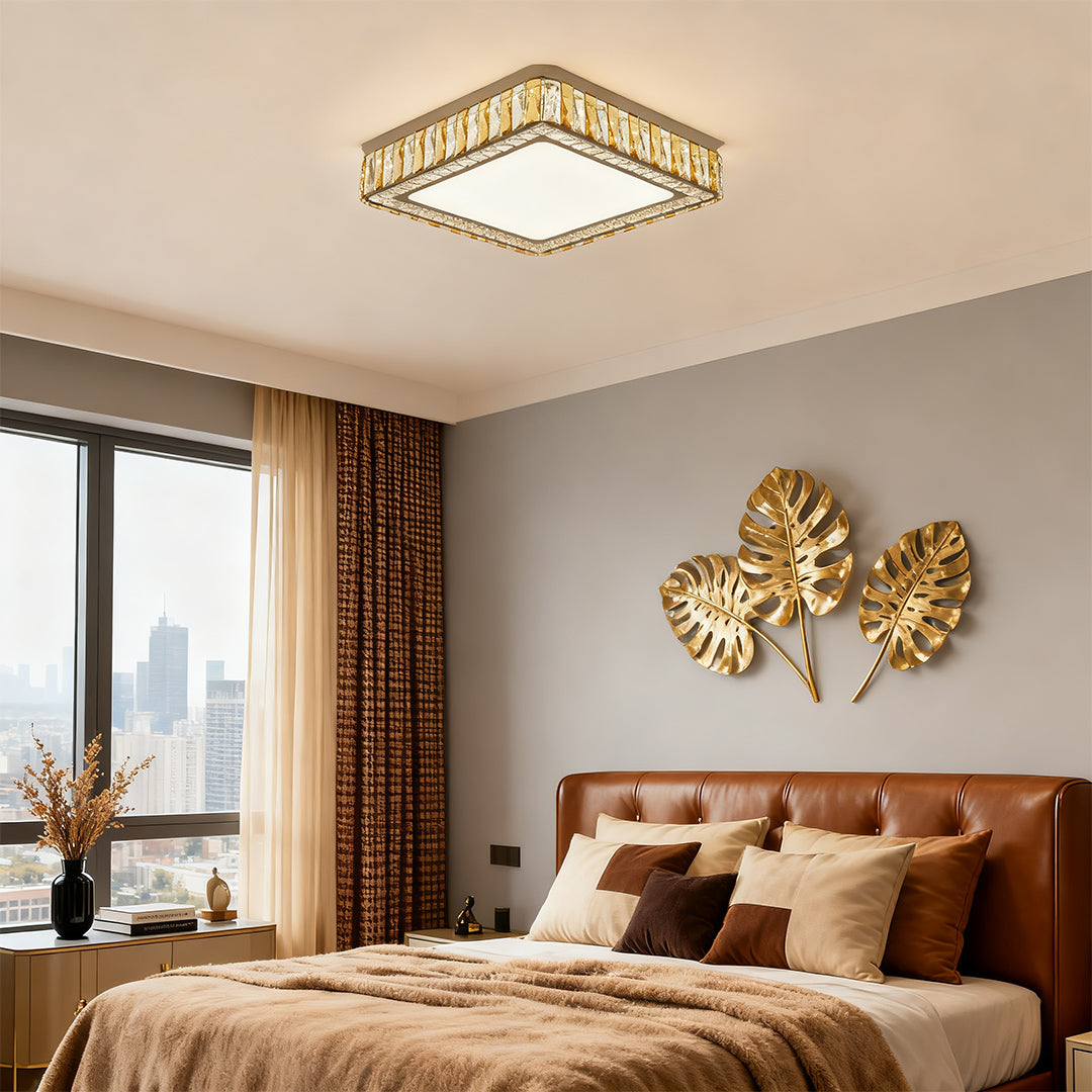 Crystal LED Flush-Mount Ceiling Light — Stainless Steel, Round / Square / Rectangle, 3-Step Dimming (3000K / 4500K / 6000K)