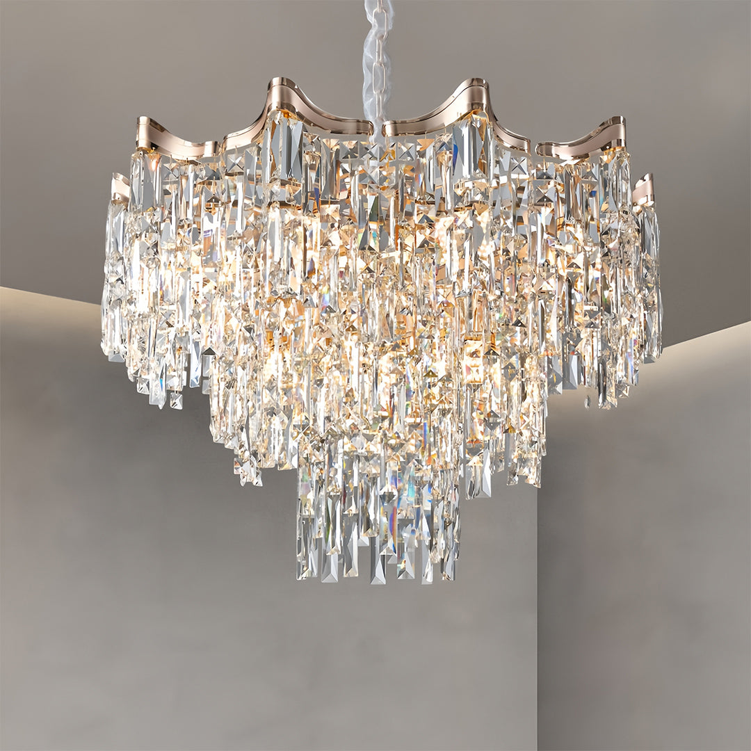 Tiered Waterfall Crystal Chandelier — Gold, K9 Crystal, Three-Color Dimming, 23.6" or 31.5"