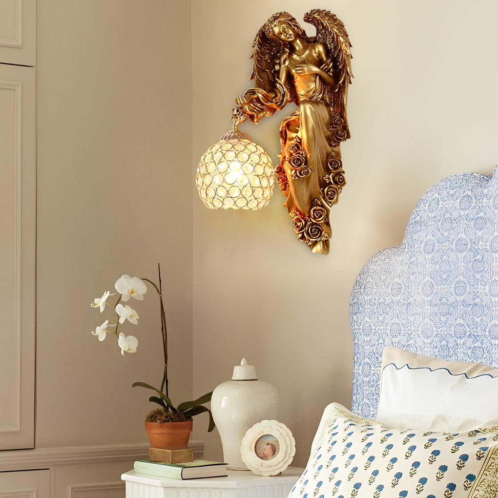 Angel Resin Wall Sconce — Crystal Glass Shade, Gold, E27, 12W, 3000K Warm White