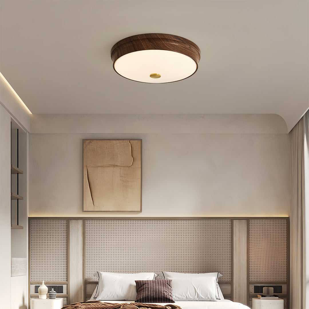 Art Deco Flush-Mount Ceiling Light — Walnut-Tone Iron, Transparent Glass, Full-Spectrum LED, 3-Step Dimming (3000K/4500K/6000K)