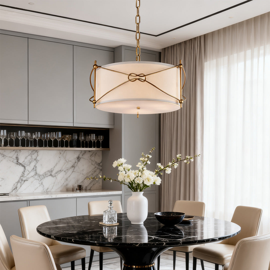 Drum Pendant Light — White Acrylic and Gold Metal Frame, 19.7" Diameter, E12, Adjustable Chain
