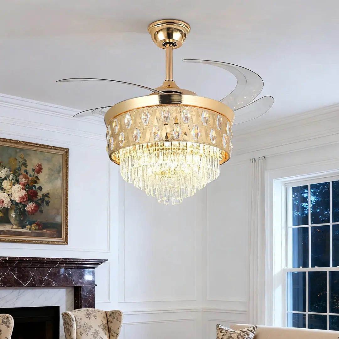 Luxury Gold Iron Ceiling Fans with Crystal Pendant Lights Luxe