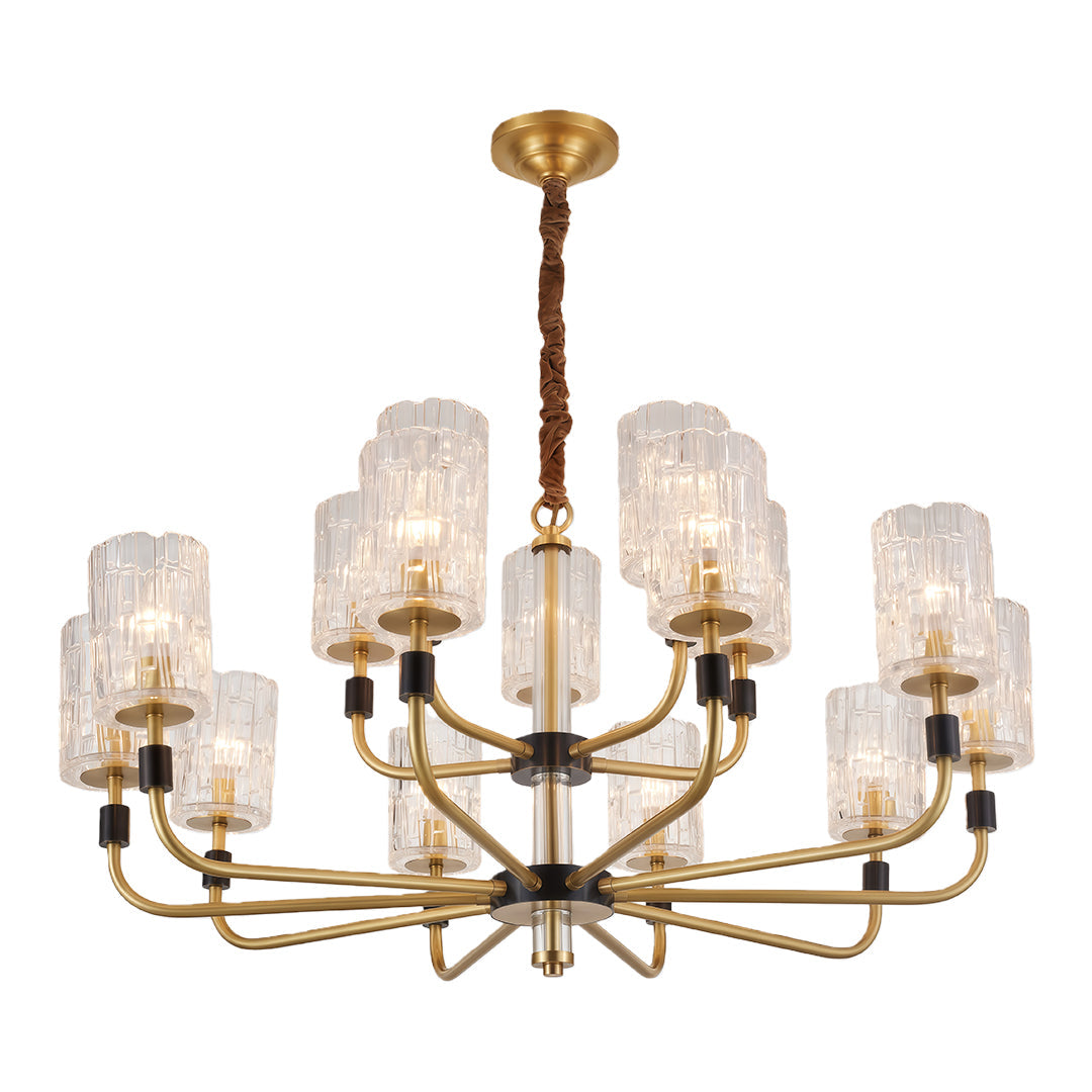 Minimalist Copper and Glass Cluster Chandelier — Full Brass Frame, Transparent Glass Shades, E14, 3 to 15-Light