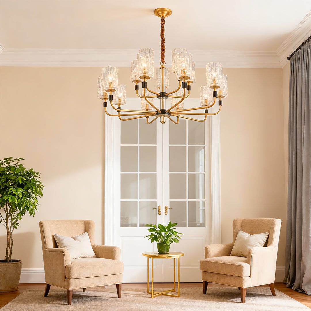 Minimalist Copper and Glass Cluster Chandelier — Full Brass Frame, Transparent Glass Shades, E14, 3 to 15-Light