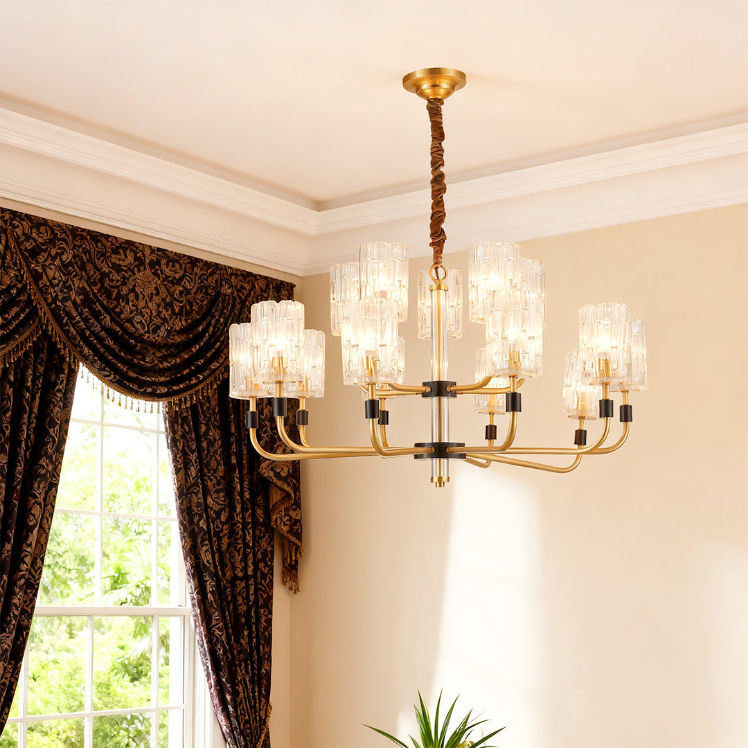 Minimalist Copper and Glass Cluster Chandelier — Full Brass Frame, Transparent Glass Shades, E14, 3 to 15-Light