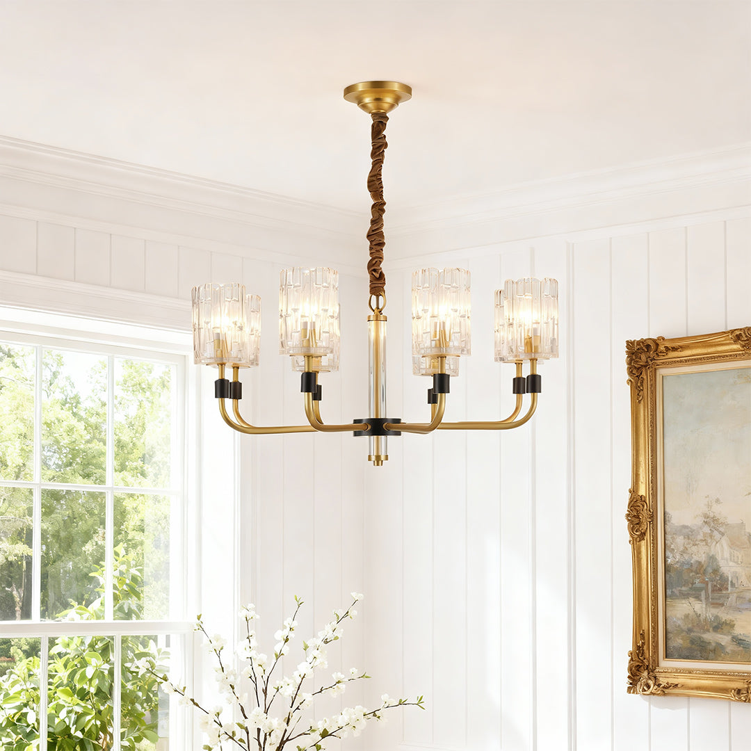 Minimalist Copper and Glass Cluster Chandelier — Full Brass Frame, Transparent Glass Shades, E14, 3 to 15-Light