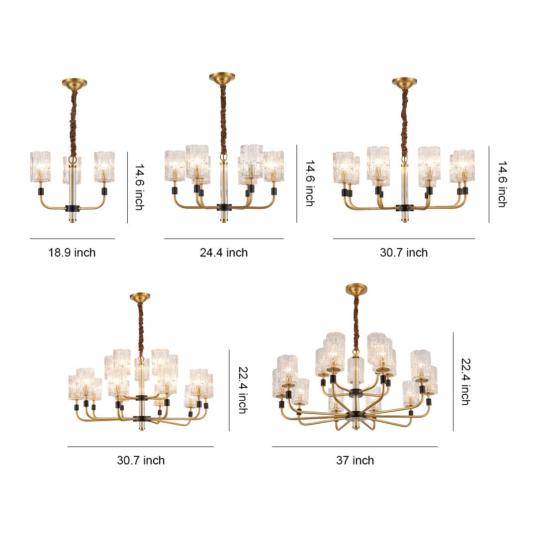 Minimalist Copper and Glass Cluster Chandelier — Full Brass Frame, Transparent Glass Shades, E14, 3 to 15-Light