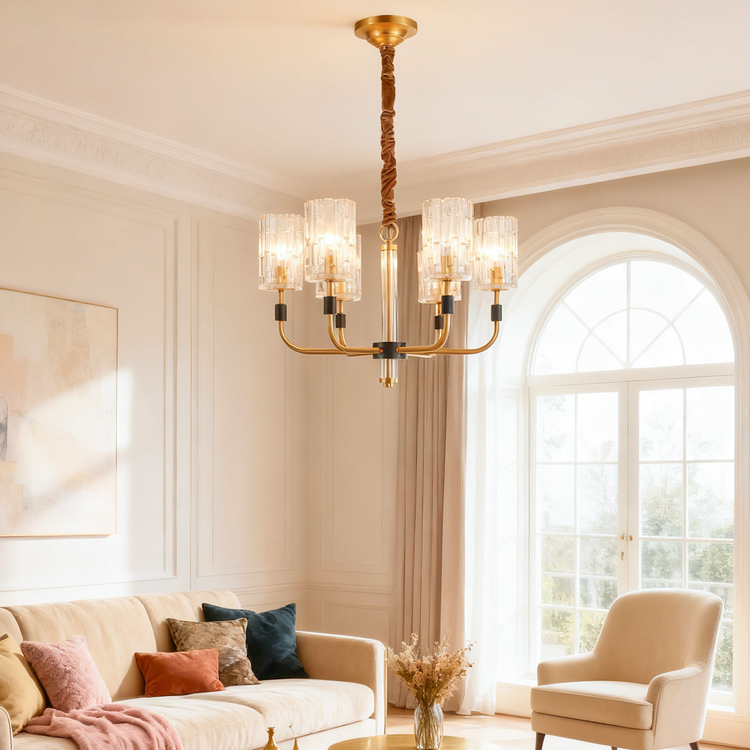 Minimalist Copper and Glass Cluster Chandelier — Full Brass Frame, Transparent Glass Shades, E14, 3 to 15-Light