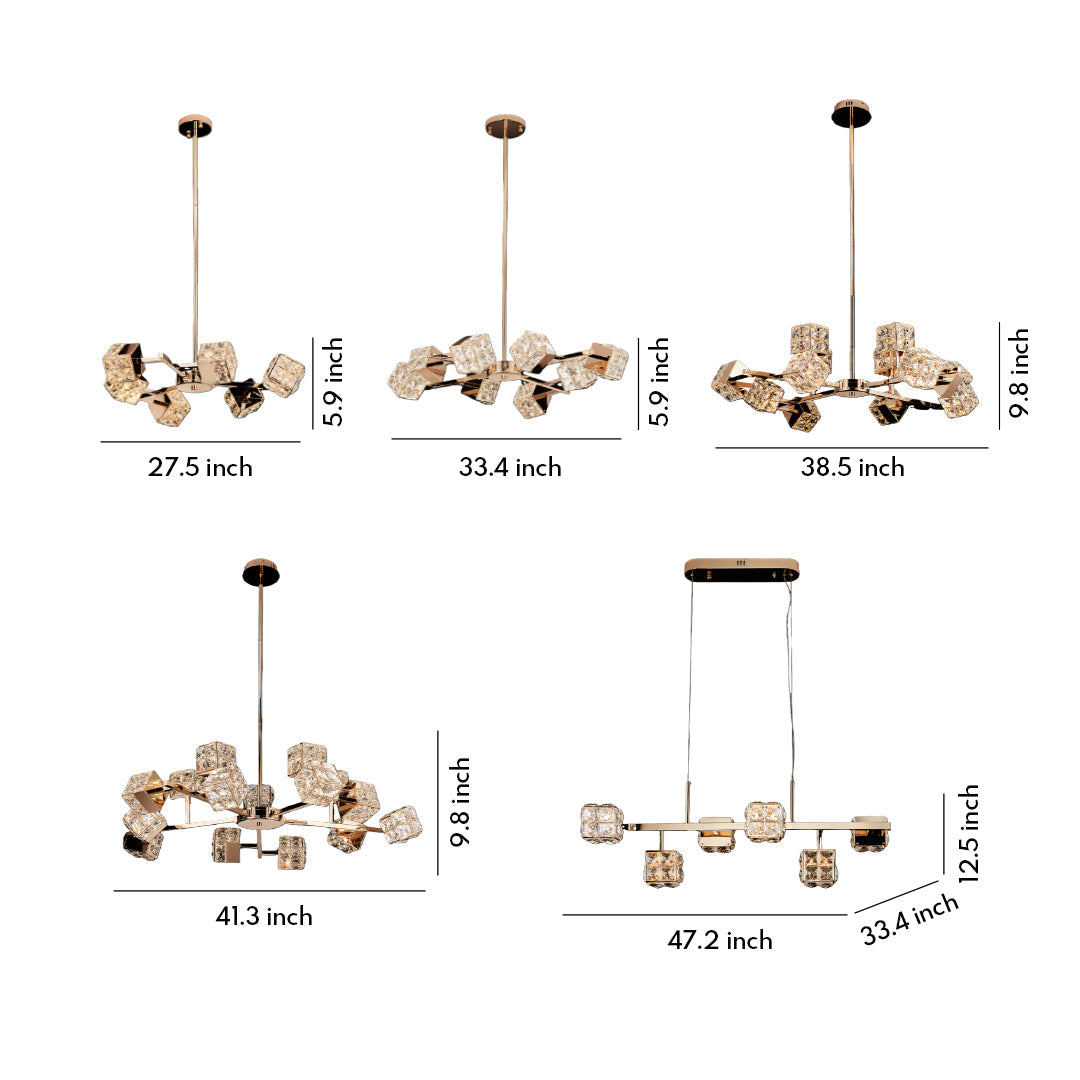 Cube Crystal Chandelier — Gold, LED, 3-Step Dimming, 6 to 15-Light Configurations