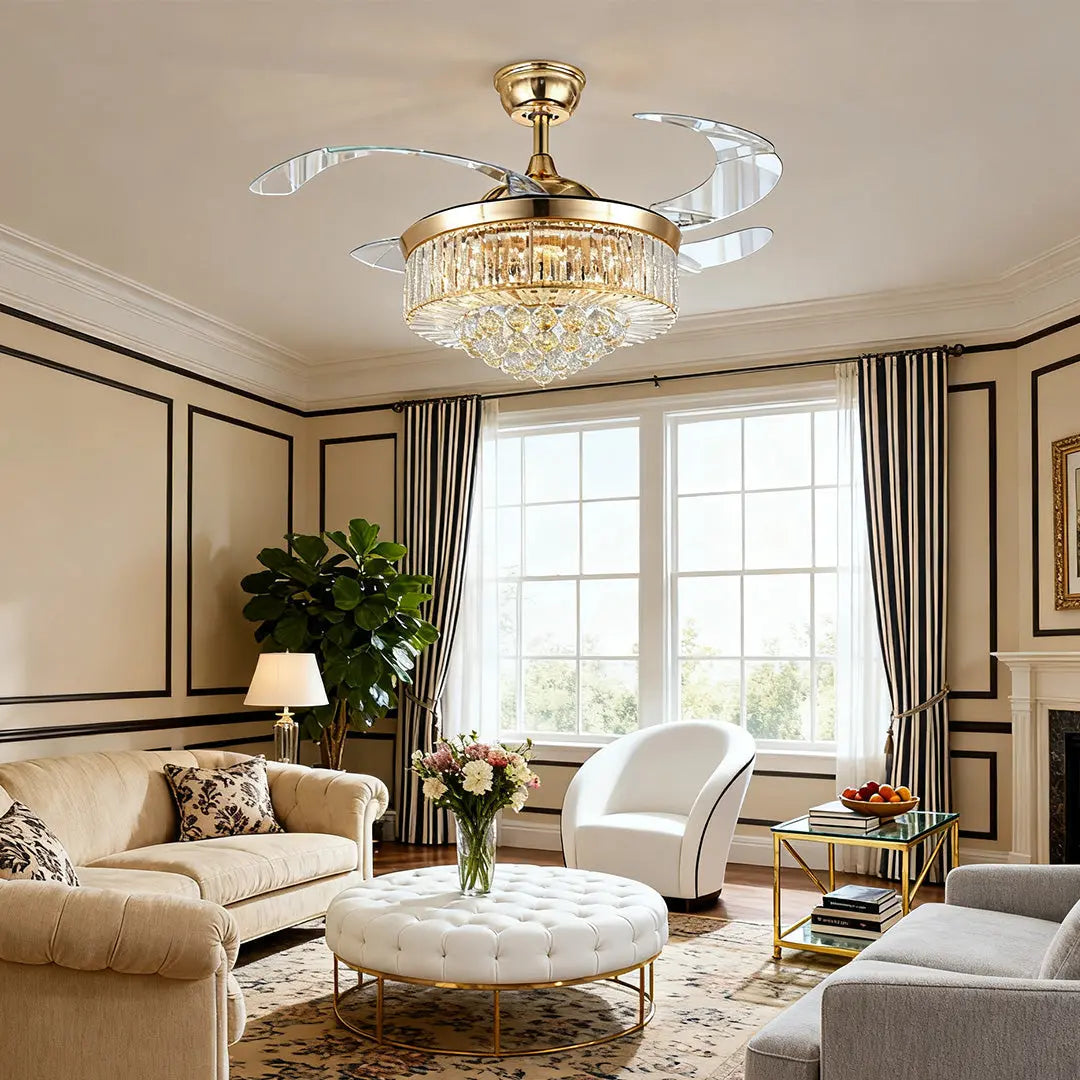 Luxury European-Style Crystal Ceiling Fan with Lights in Gold Iron Luxe