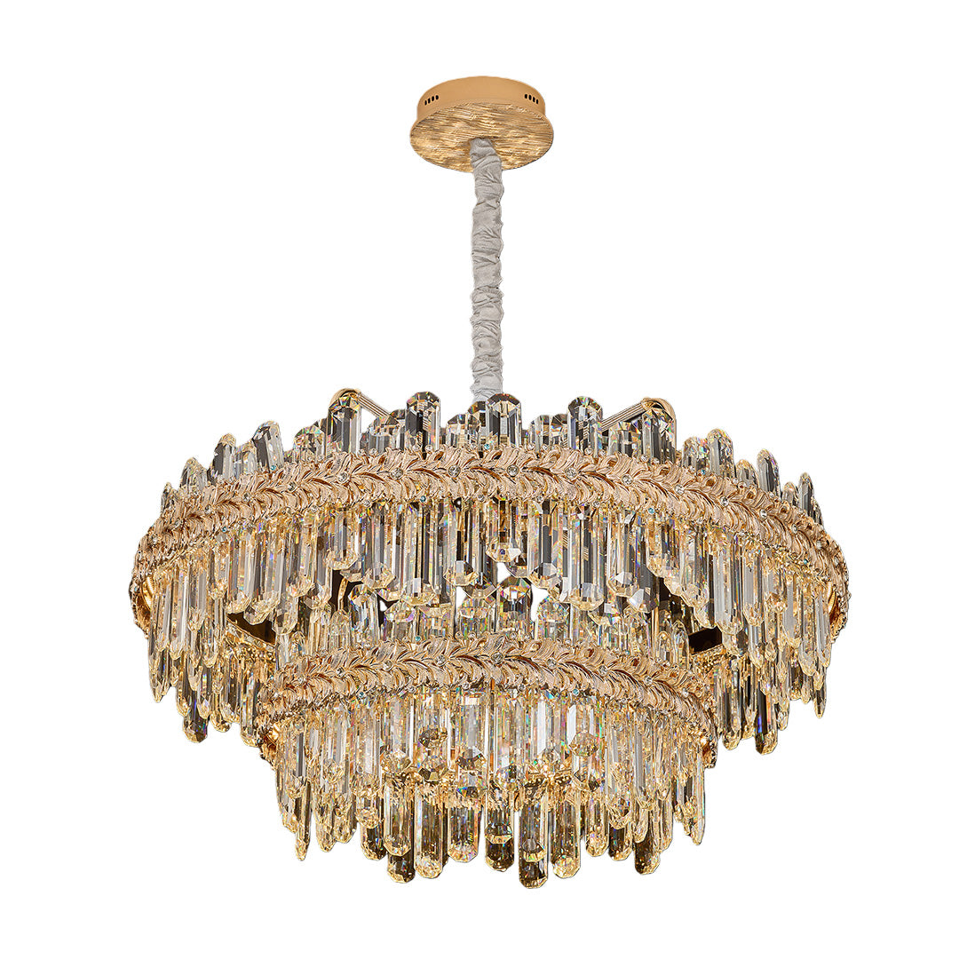 Crystal Chandelier — Champagne Gold-Plated Steel, Tri-Color LED, Single, Double, or Oval Layer, 6 Sizes