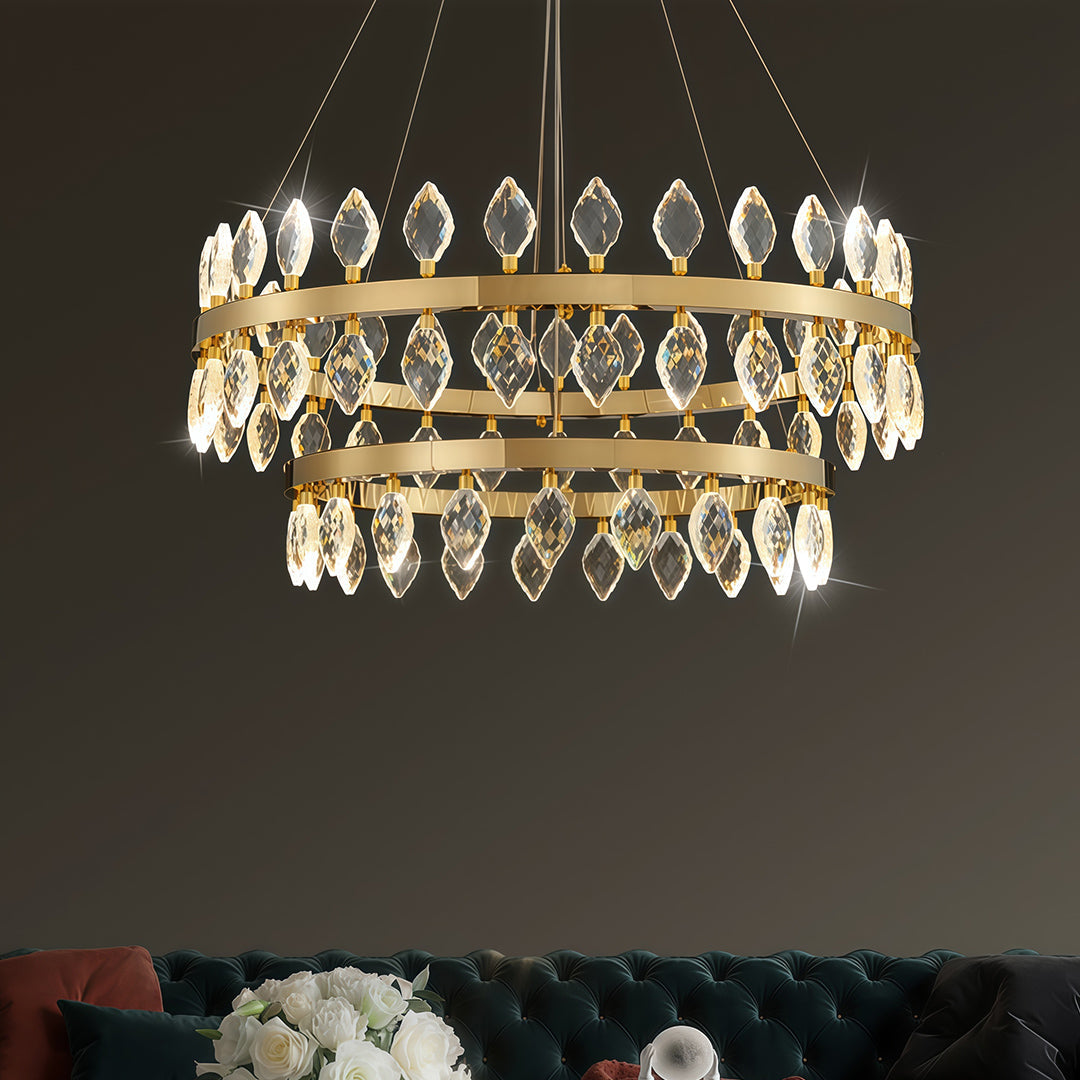 Italian-Style Crystal Ring Chandelier — Gold Iron, Multi-Layer, 3-Step Dimming, 23.6"–55.12"