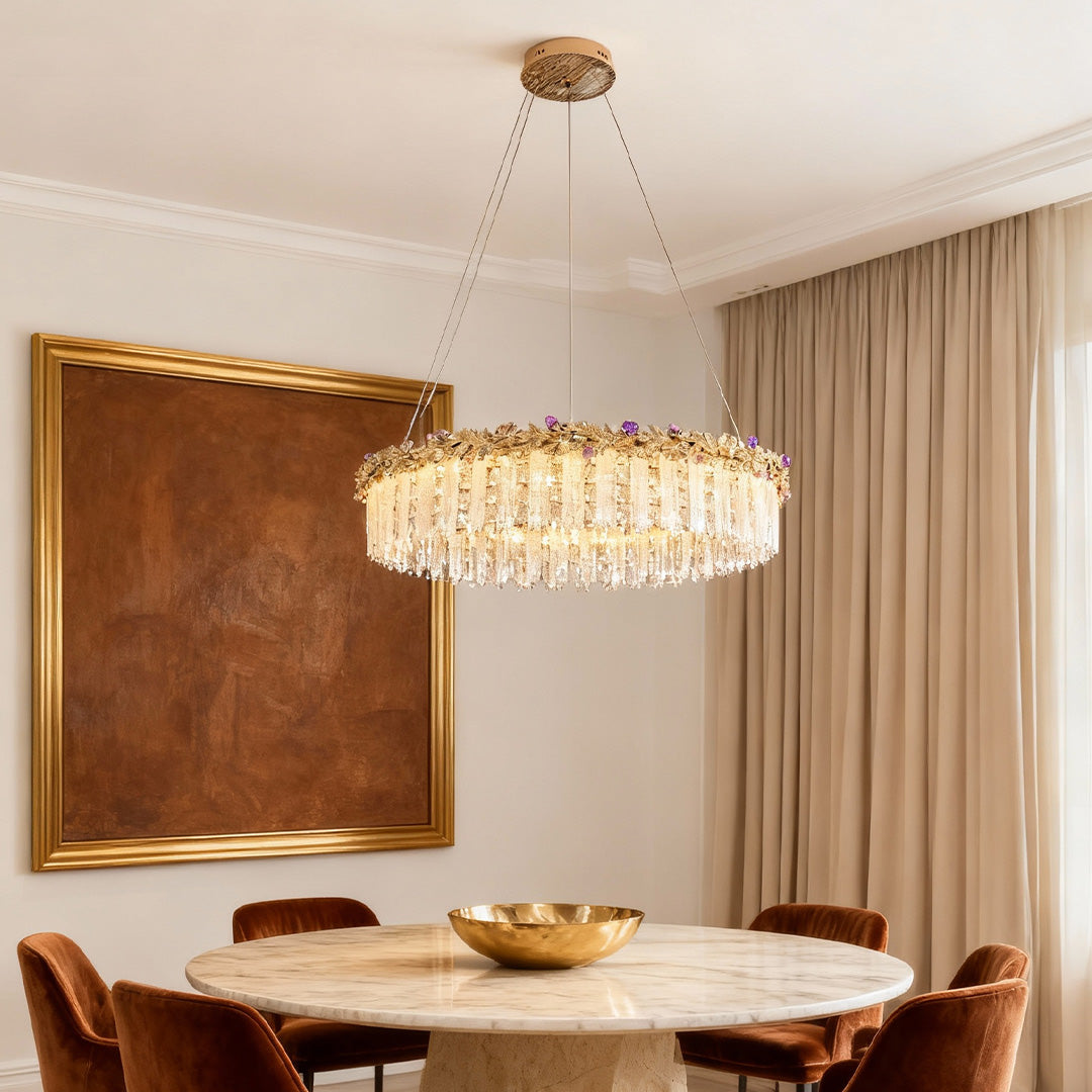 Minimalist French Crystal Chandelier — Champagne Gold Steel, Three-Color Dimming, 31.5" Adjustable Rope, Single- or Double-Layer