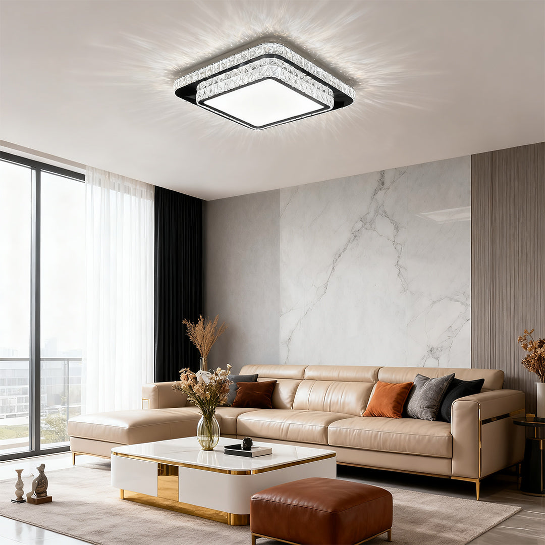 Minimalist Crystal Flush-Mount — Chrome Stainless Steel, LED, 3-Step Dimming, Round/Square/Rectangle, 19.7"–43.3"