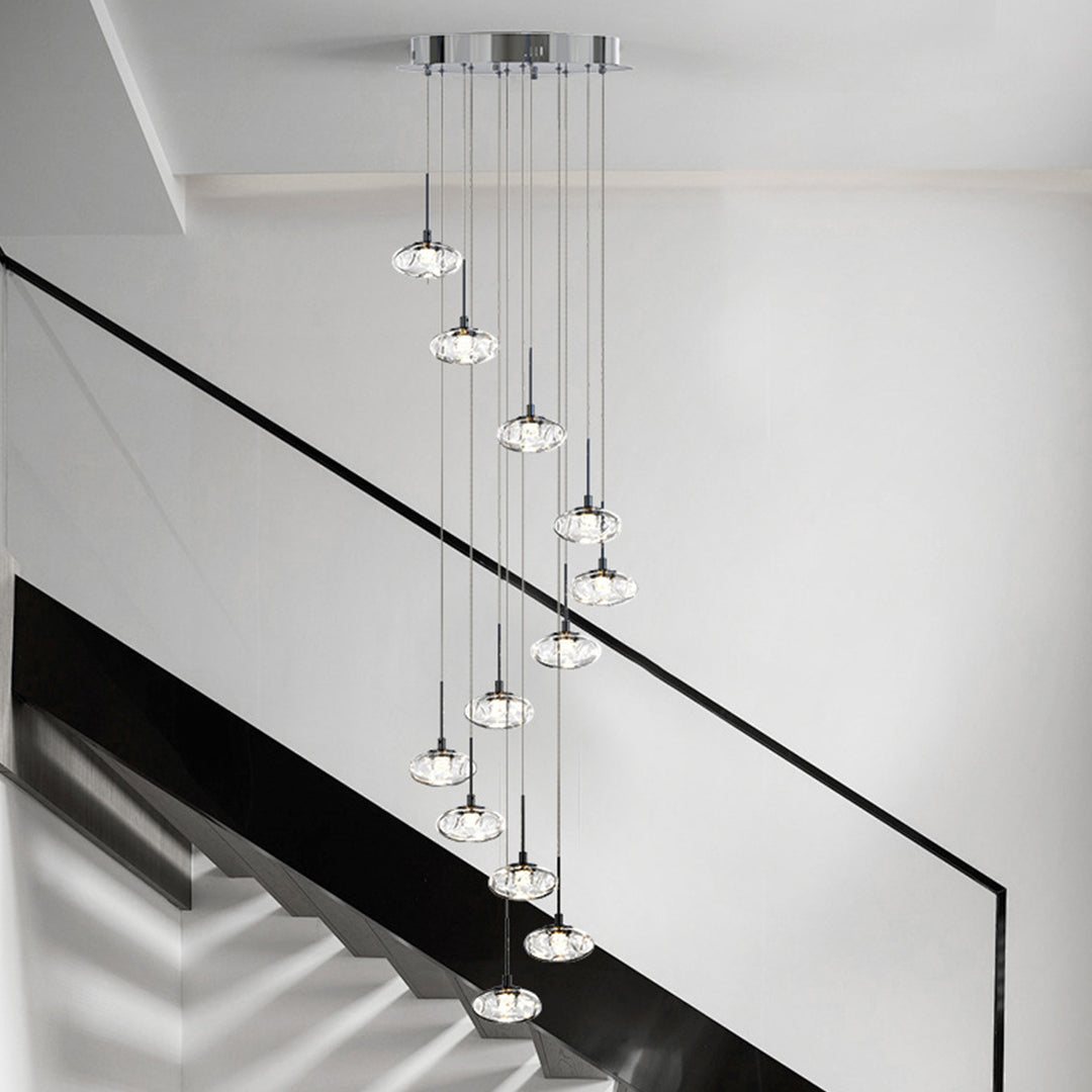 Minimalist Ring Chandelier for High Ceilings — Stainless Steel, Nanoclear Glass, LED, 7/8/12/18-Light, Dimmable, Chrome or Gold