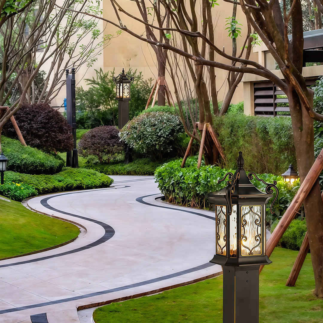 Vintage Outdoor Landscape Post Light — Coffee Aluminum with Glass Shade, E27, IP65, Two Sizes