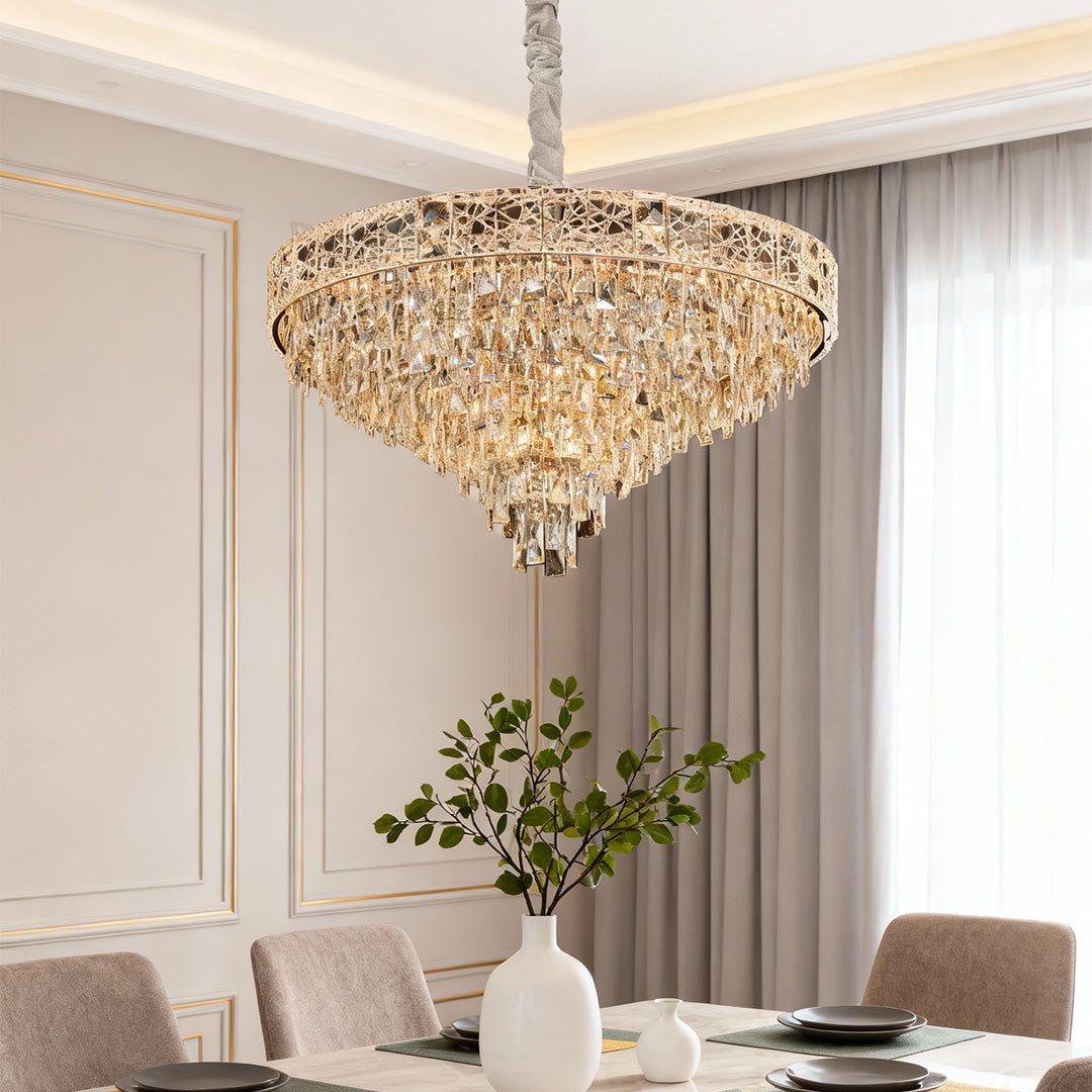 Luxury Crystal Chandelier — Champagne Gold Steel, Tri-Color Dimmable LED + E14, 4 Sizes (21.7"–37.4"), Adjustable Rope