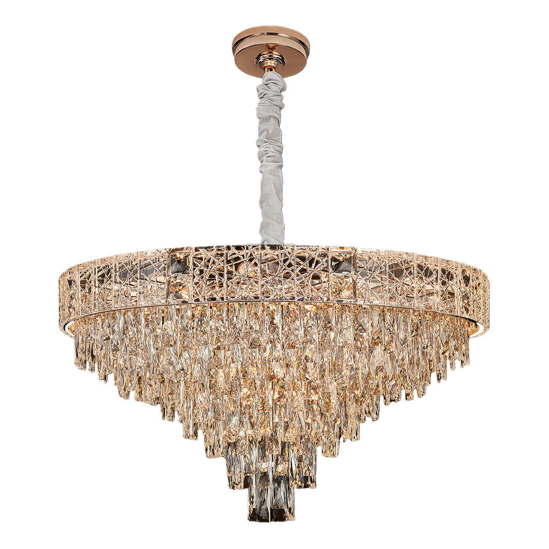 Luxury Crystal Chandelier — Champagne Gold Steel, Tri-Color Dimmable LED + E14, 4 Sizes (21.7"–37.4"), Adjustable Rope