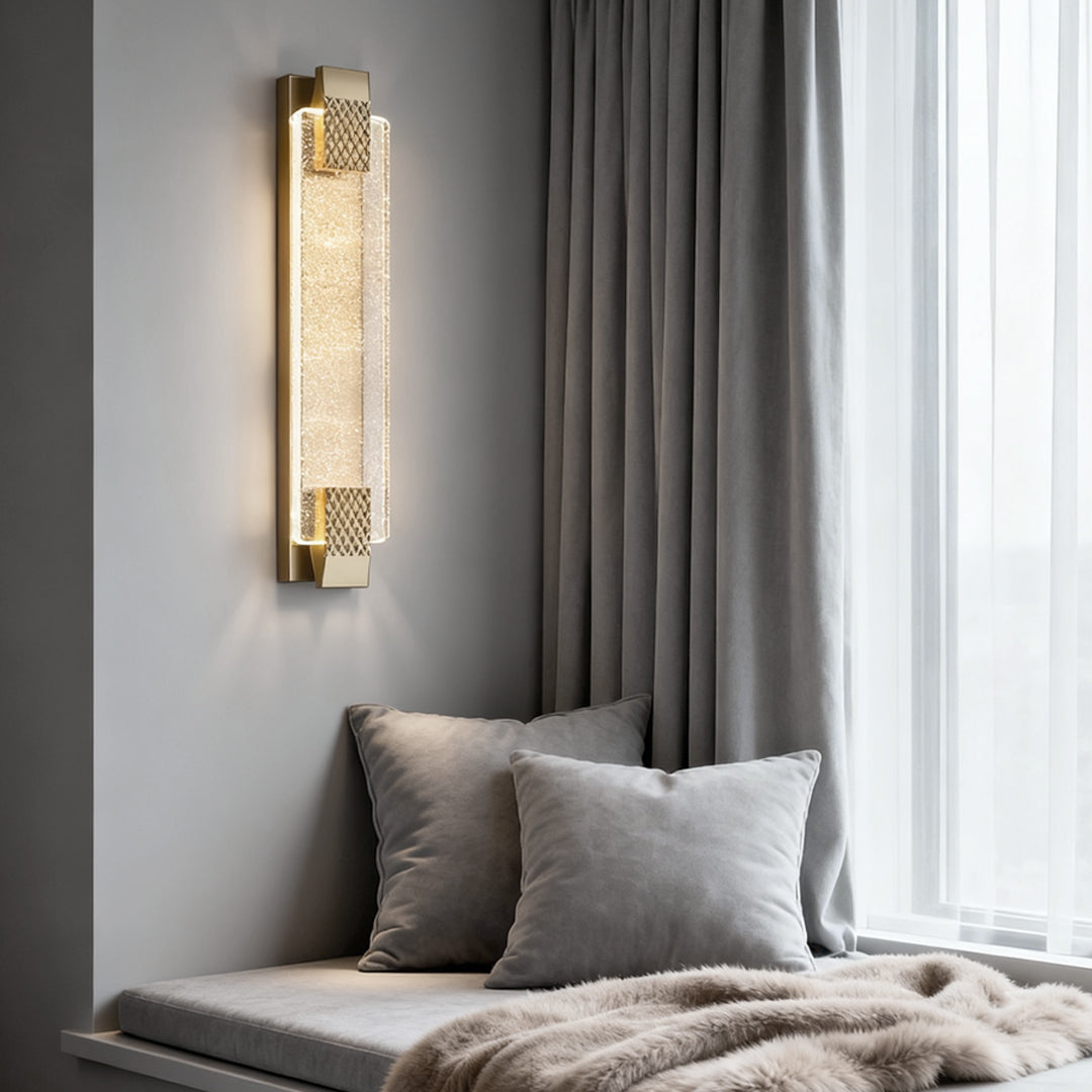Linear Crystal Bubble Wall Sconce — Stainless Steel, LED, Three-Step Dimming (3000K/4500K/6000K), Gold or Black, 4 Heights