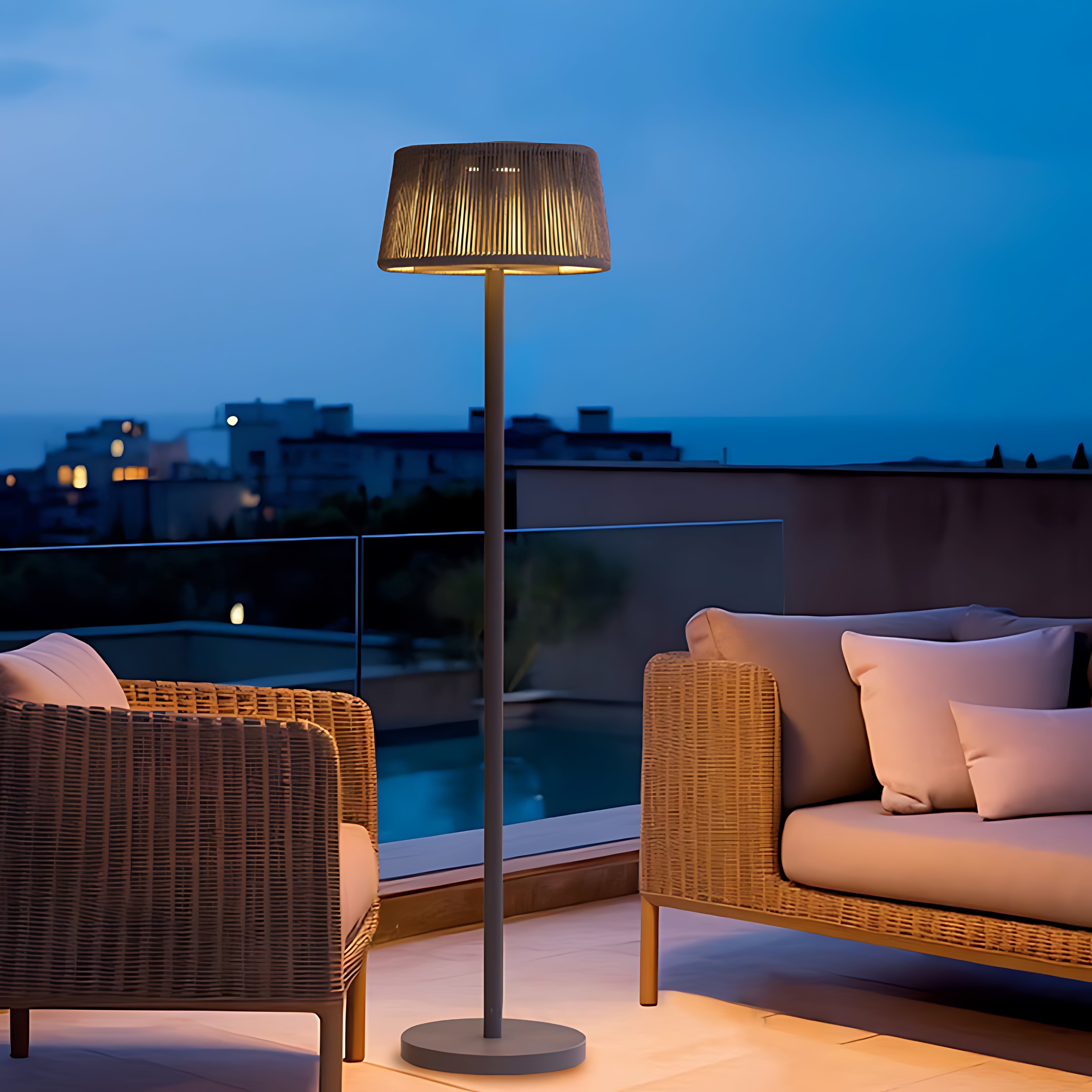 Mid-Century Modern Waterproof Floor Lamp with Woven Lampshade