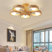 Rubberwood LED Chandelier — E27, Rotatable Shade, 3-Color Dimming, 3-Head / 5-Head / 6-Head / 8-Head
