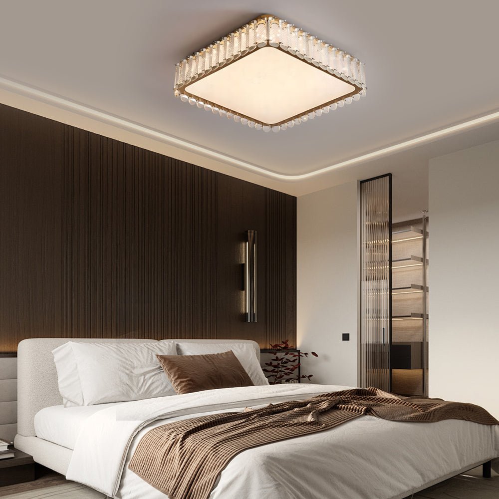luxury roundsquare flush mount ceiling light with crystal and frosted shade