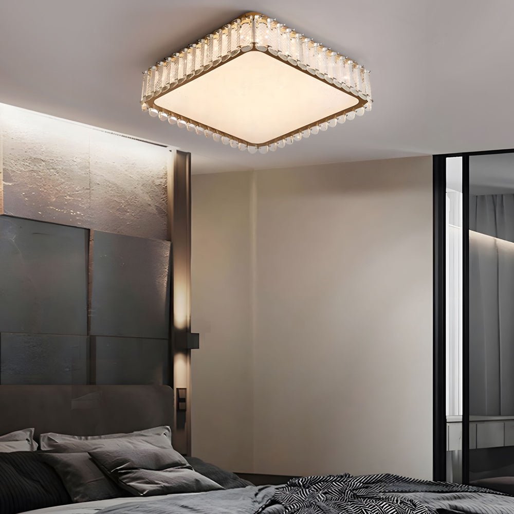 luxury roundsquare flush mount ceiling light with crystal and frosted shade