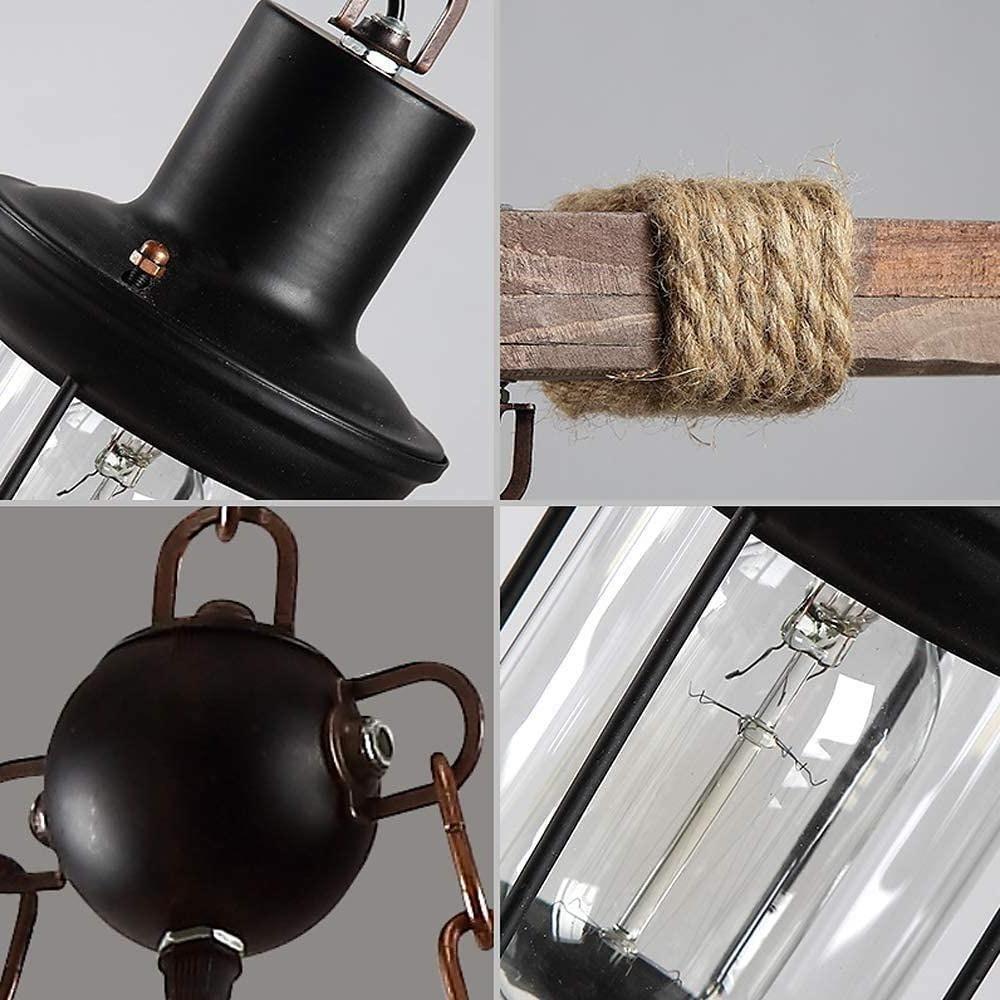 Vintage Farmhouse Geometric Chandelier — Wood and Glass, 39" Adjustable Cord, LED-Compatible