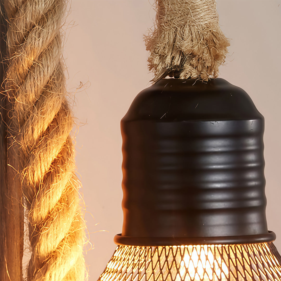 Rustic Iron Mesh Wall Sconce — Jute Rope and Wood Accents, 4W LED E27, Hardwired, Warm White 3000K
