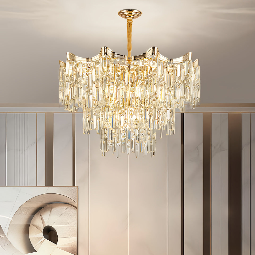 Tiered Waterfall Crystal Chandelier — Gold, K9 Crystal, Three-Color Dimming, 23.6" or 31.5"