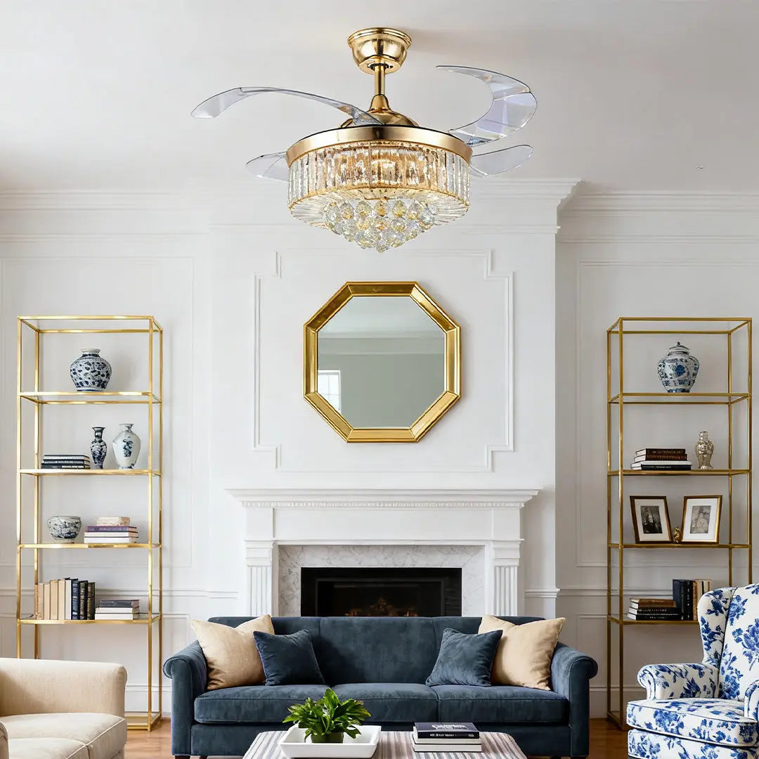 Luxury European-Style Crystal Ceiling Fan with Lights in Gold Iron Luxe