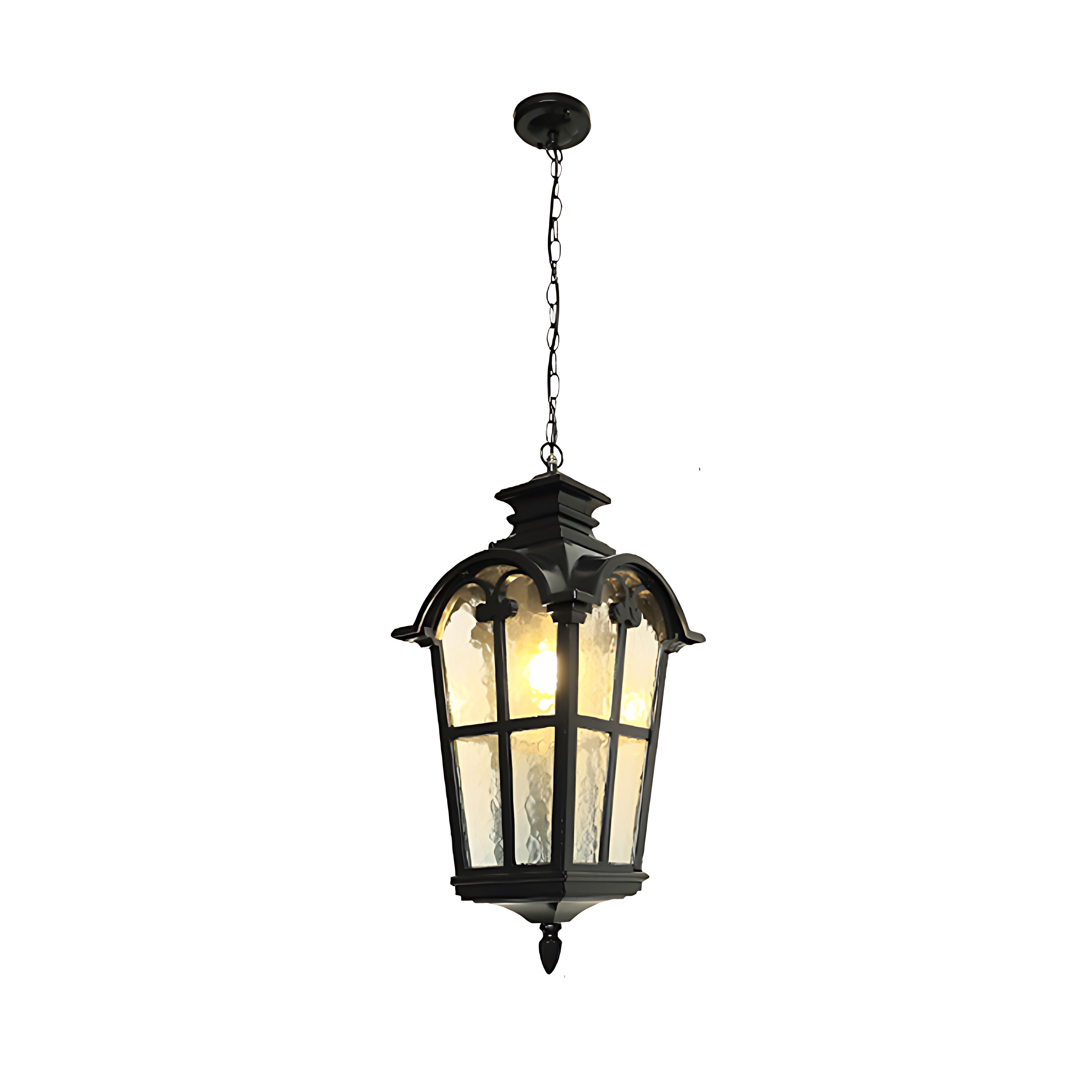 Roman-Style Outdoor Hanging Porch Light — Die-Cast Aluminum, Rippled Tempered Glass, Black and Gold, E27, IP55, 1-Light