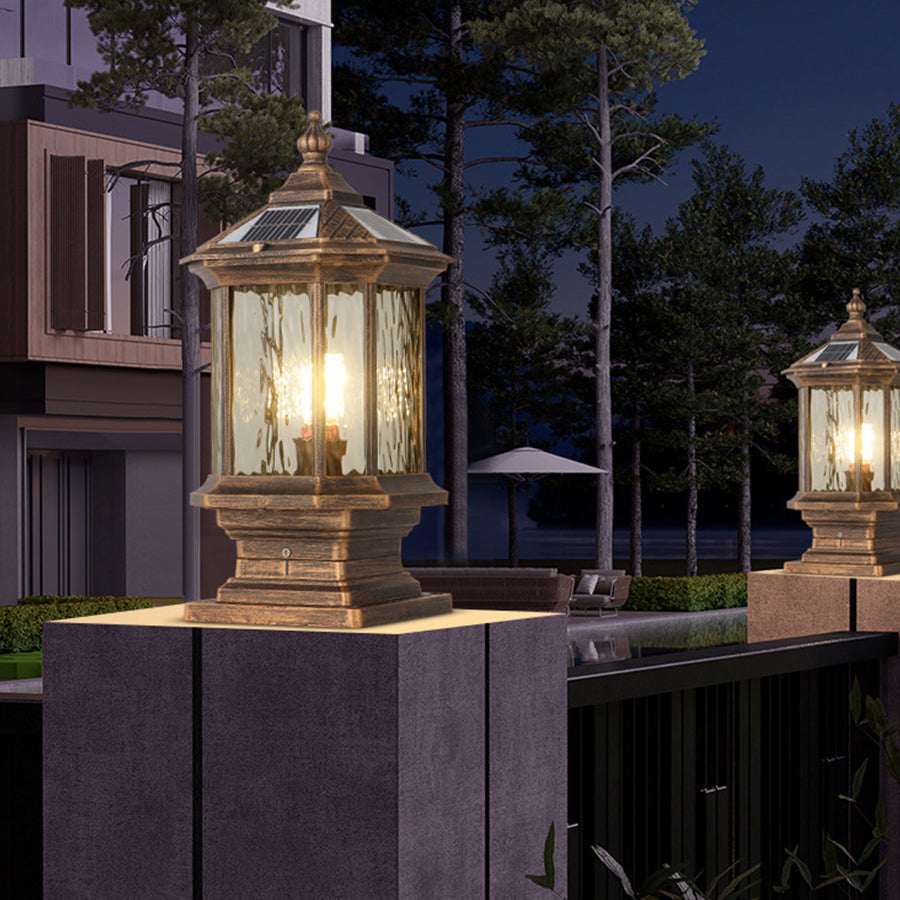 Vintage Lantern Pillar Light — Aluminum, Solar or Hardwired, IP54, 3-Step Dimming, Black or Bronze