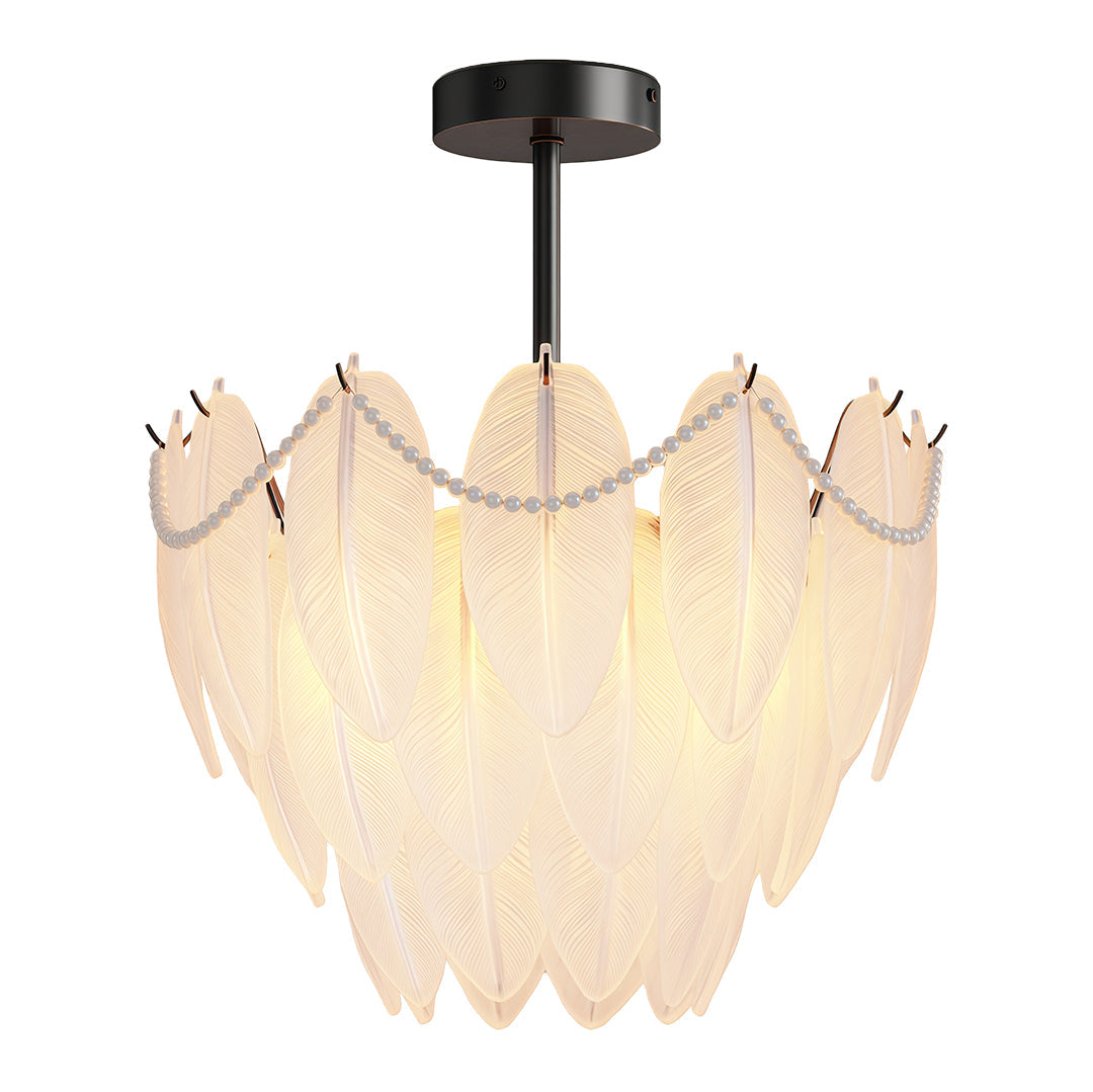 Feather & Pearl Chandelier — Full-Copper Frame, Feather-Textured Glass, E14, 47.2" Adjustable Chain