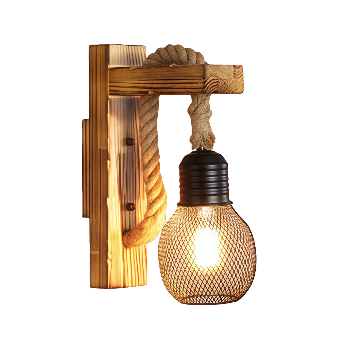Rustic Iron Mesh Wall Sconce — Jute Rope and Wood Accents, 4W LED E27, Hardwired, Warm White 3000K