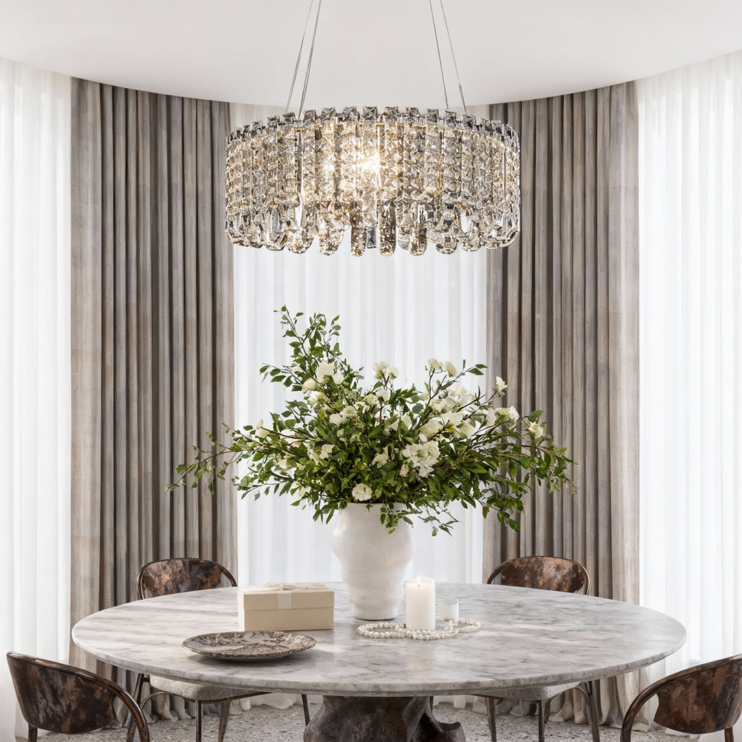 Modern Minimalist Crystal Chandelier — Chrome Stainless Steel, Three-Color Dimming, Adjustable Height, 5 Sizes