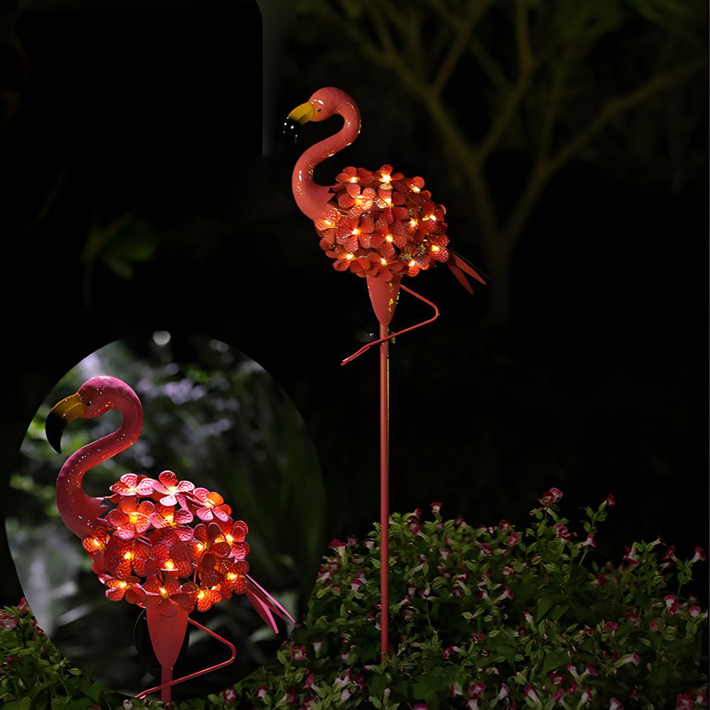 metal flamingo solar stake led lights pink outdoor pathway lamp 2 pack