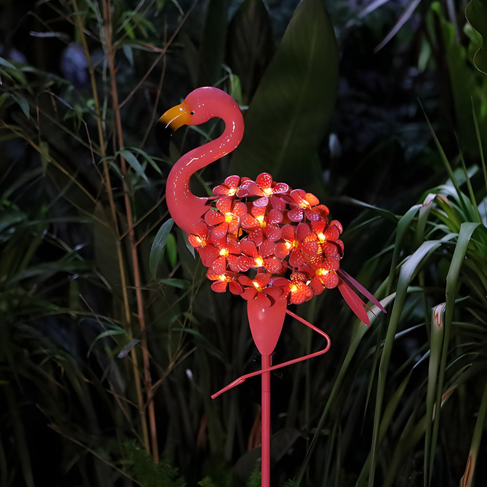metal flamingo solar stake led lights pink outdoor pathway lamp 2 pack