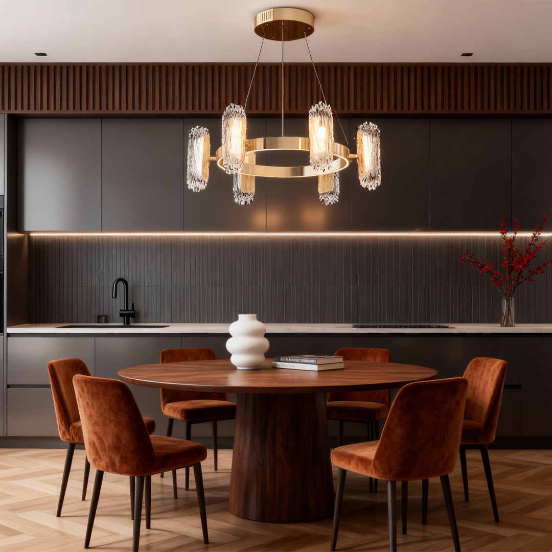 Minimalist Metal Chandelier — Aluminum, Gold, LED, Three-Color Dimming, 6/8/8+4-Light, 59.1" Chain
