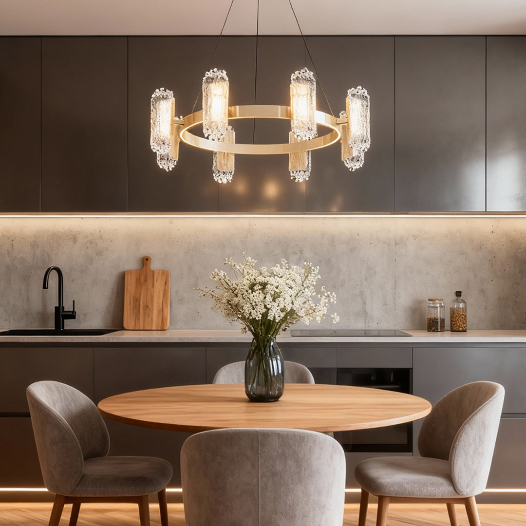 Minimalist Metal Chandelier — Aluminum, Gold, LED, Three-Color Dimming, 6/8/8+4-Light, 59.1" Chain