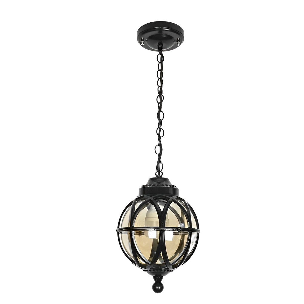 Metal Orb Outdoor Hanging Light — Aluminum and Glass Globe, IP54, Adjustable Chain, Black or Bronze