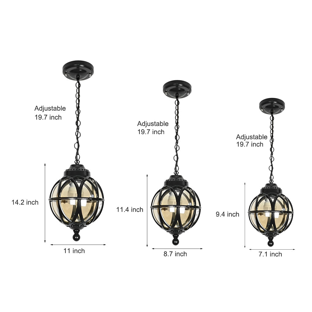 Metal Orb Outdoor Hanging Light — Aluminum and Glass Globe, IP54, Adjustable Chain, Black or Bronze
