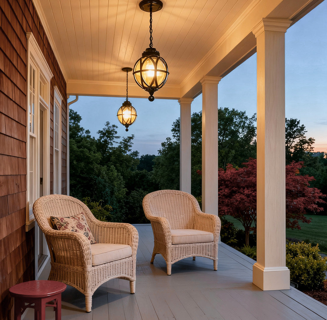 Metal Orb Outdoor Hanging Light — Aluminum and Glass Globe, IP54, Adjustable Chain, Black or Bronze